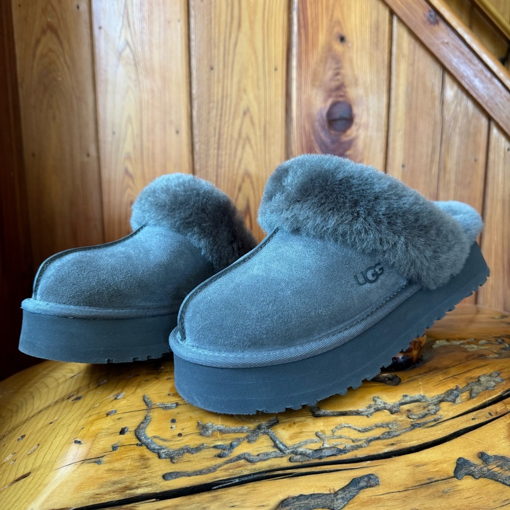 UGG Disquette Platform Shearling Slippers, Suede Fur-Lined Mules, Charcoal Gray - Picture 3 of 6